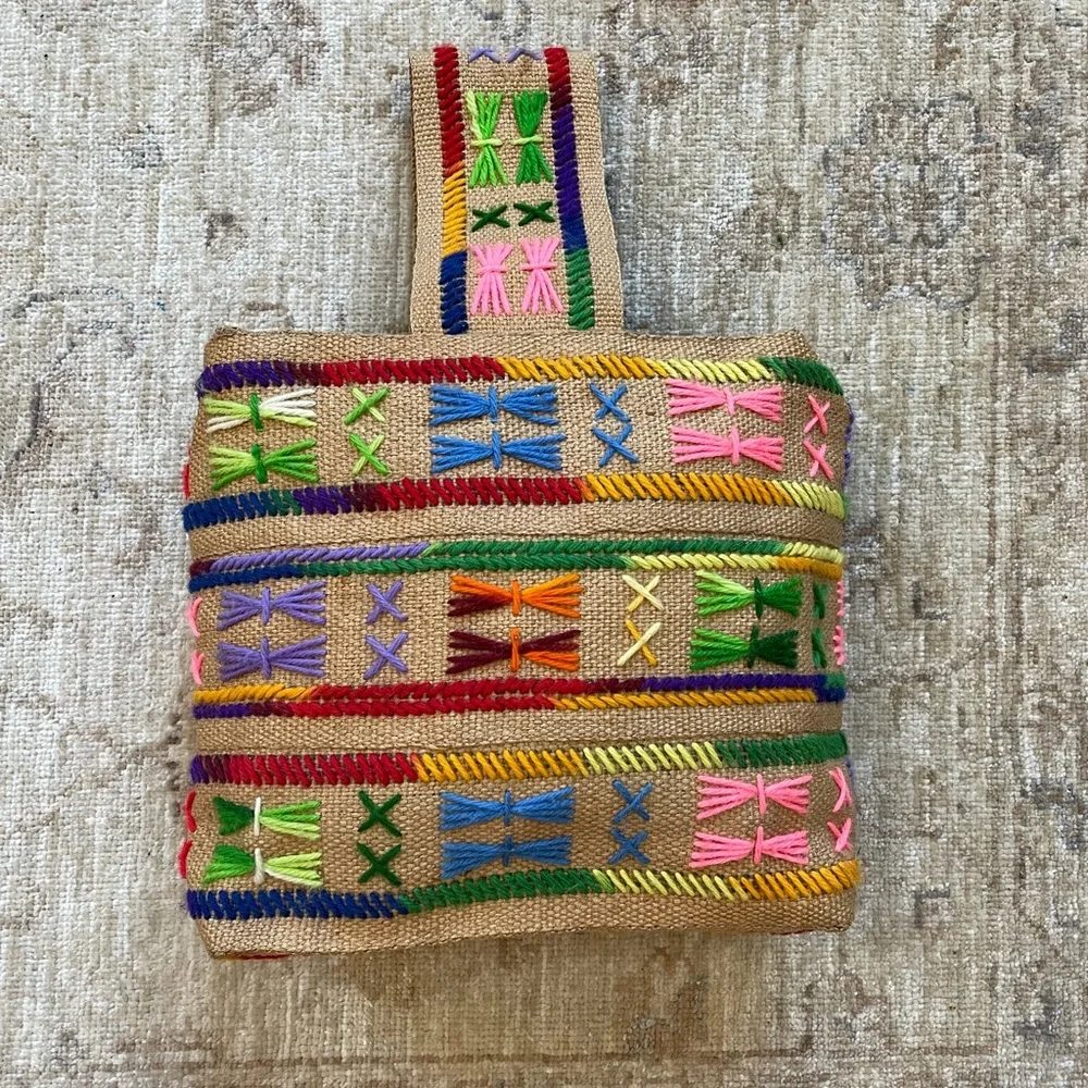 Vintage Colorful Burlap Bag. - Picture 2 of 14